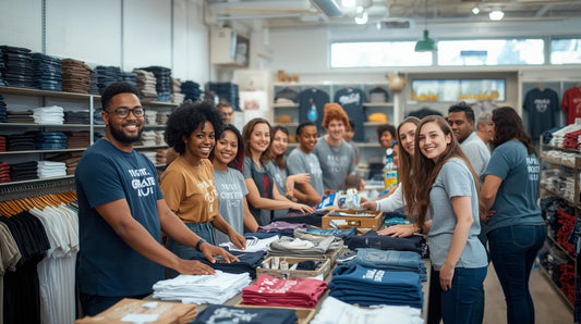 Outfit Ideas for every occasion showcased by a group of smiling staff members in a clothing store.